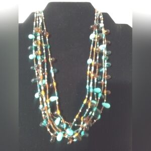 Multi-Strand Beaded Necklace Turquoise And Brown Shades Statement Piece BOHO